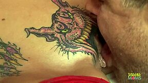 Skinny Blonde Tattoo Creampie on Red Couch