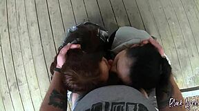 Amateurs suck big cock in POV backstage threesome