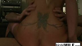 Busty blonde babe in lingerie works with him at work