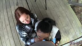 Amateurs suck big cock in POV backstage threesome