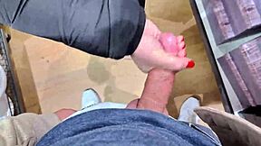 in the store, she gave a risky handjob with lots of spit on his big cock