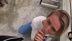 Blonde teen eagerly sucks huge cock!