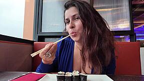 Stepmom receives cum before and after stepson feeds her