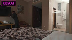 birthday gift for cuck husband hot wifey fucks handyman in hotel in front hubby holds hand and hair