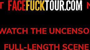 Redhead performer handles a challenging deepthroat scene and manages drool on her chest