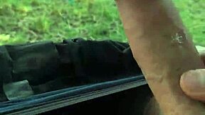 Flashing huge cock under pants outdoors for passersby