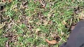 Flashing huge cock under pants outdoors for passersby