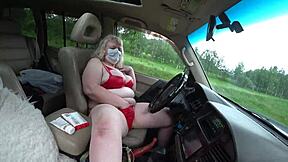 Lesbian Fucks Mature Milf in Car with Big Tits and Fat Ass in Sexy Underwear POV