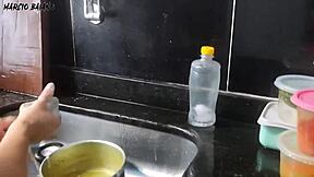 women in heels seduce friend in kitchen for sex