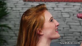 Peculiar Peach Gets Sperm Load on Face, Gulping Semen!