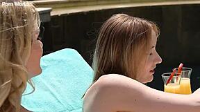 Polly Yangs And Merida Sat Share Glass Dildo By Poolside