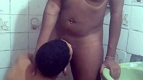 Sucking pregnant woman's big pussy in the bathroom