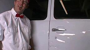 Two sexy cheerleaders compete for a big hard cock in threesome blowjob