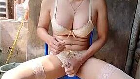 Watch this amateur shemale masturbate nervously in the open bathroom with a dildo!