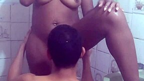 Sucking pregnant woman's big pussy in the bathroom