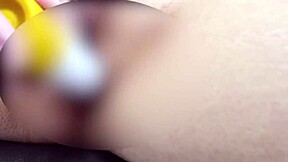 Married woman intensely masturbates on chair with toy