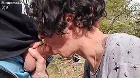 Intense blowjob deepthroat in the forest, cum swallowed