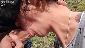 Intense blowjob deepthroat in the forest, cum swallowed
