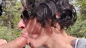 Intense blowjob deepthroat in the forest, cum swallowed