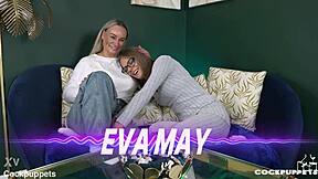 Eva May's Cock Puppets Experience with Bisexual Threesome and Cum Swapping
