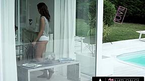 Sexy brunette azure angel gets cum in mouth after sensual fuck.