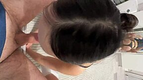 The student receives cum in her little mouth