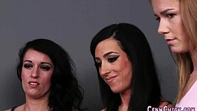 British fetish babes perform cfnm sucking and handjob humiliation on cock