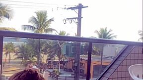 my husband caught me flashing my big pussy while washing the balcony in bikini