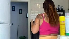 my husband caught me flashing my big pussy while washing the balcony in bikini