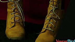 She rubs her shaved pussy for the wanking guy to watch closely