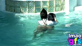 two hot brunettes at naked carwash