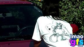 two hot brunettes at naked carwash