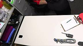 Chubby female police officer forces suspect to suck her cock in hidden office cam