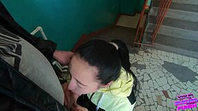 Risky blowjob on public staircase