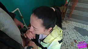 Risky blowjob on public staircase