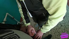 Risky blowjob on public staircase