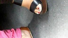 Mature Woman Reveals Candid Feet in Hidden Wedges Sandals