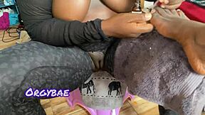 Seductive pedicure teaser with ebony housewife in lingerie