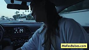 sexy asian hottie plays with her natural big boobs in the car in front of her friend tomie tang charles dera!