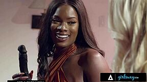 girlsway - sexy ebony ana foxxx surprises busty bestie with dildo for interracial lesbian night