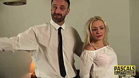 Submissive maid in costume pisses during deepthroat blowjob in high definition reality bdsm