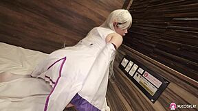 skinny japanese cosplay miu akino subtly masturbates in bed with sex toy.