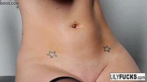 Lily teases her tight pussy and inserts a dildo into her ass