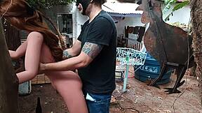 Ruiva showing off her ass with sex toys outdoors