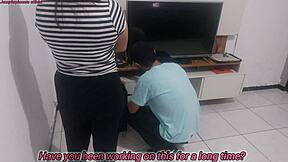 The housewife says to the technician, my husband didn't notice my new lingerie, then she puts it on and asks, what do you think?