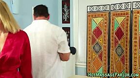 Pretty masseuse gives handjob and blowjob leading to cumshot