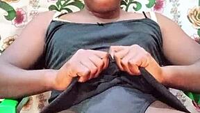 Naughty Black Crossdresser Stroking Big Oiled Dick Until Cumshot