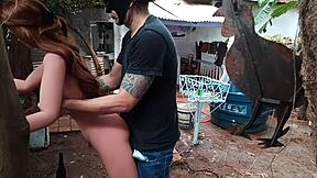 Ruiva showing off her ass with sex toys outdoors