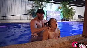 Is the asian slut getting creampied in the pool?