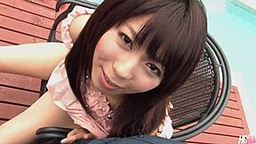 Little Japanese slut Maho Sawai loves taking creampie outside in hairy pussy.